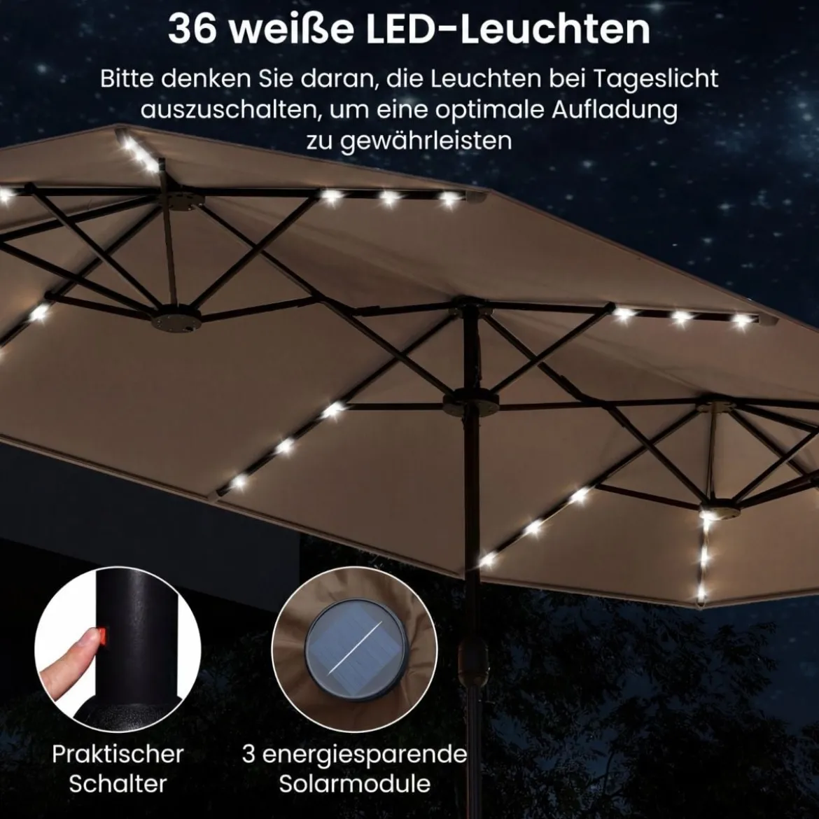 Doppelsonnenschirm mit Ständer & LED-Leuchten & UPF 50+ Sonnenschirm Gartenschirm