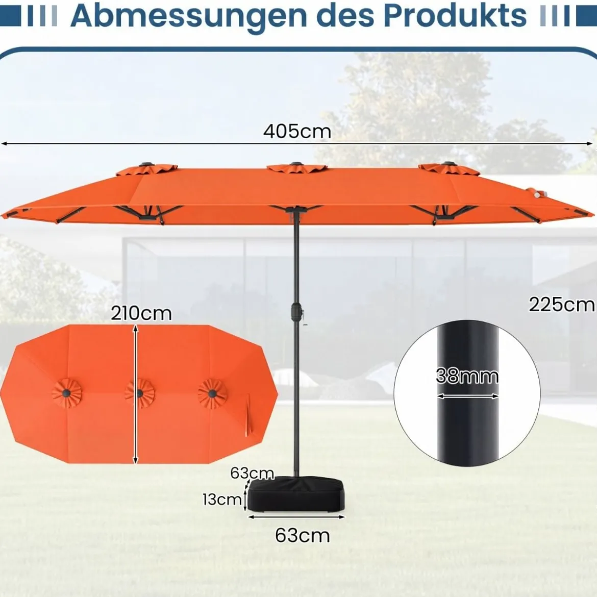 Doppelsonnenschirm mit Ständer & LED-Leuchten & UPF 50+ Sonnenschirm Gartenschirm