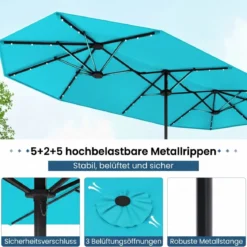 Doppelsonnenschirm mit Ständer & LED-Leuchten & UPF 50+ Sonnenschirm Gartenschirm