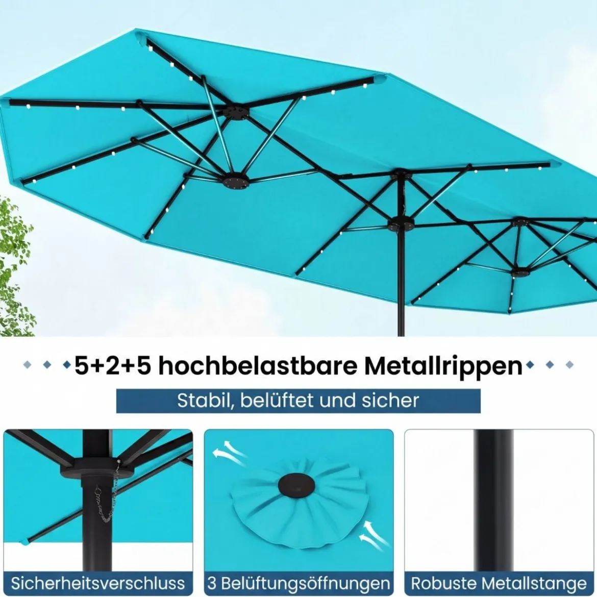 Doppelsonnenschirm mit Ständer & LED-Leuchten & UPF 50+ Sonnenschirm Gartenschirm