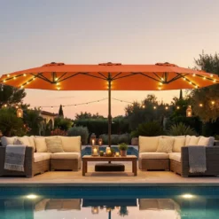 Doppelsonnenschirm mit Ständer & LED-Leuchten & UPF 50+ Sonnenschirm Gartenschirm