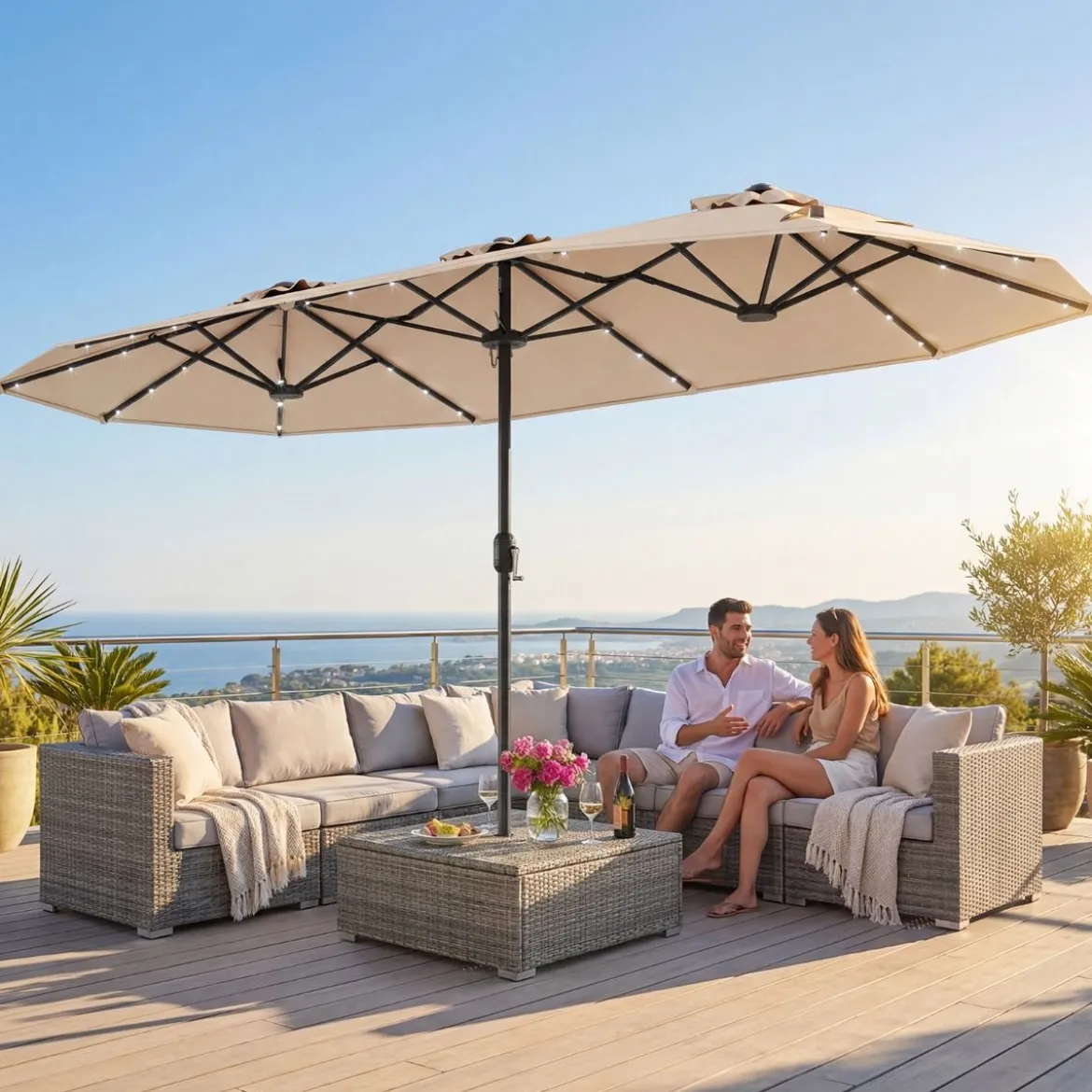 Doppelsonnenschirm mit Ständer & LED-Leuchten & UPF 50+ Sonnenschirm Gartenschirm