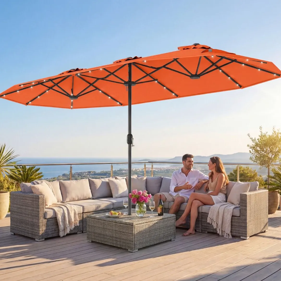 Doppelsonnenschirm mit Ständer & LED-Leuchten & UPF 50+ Sonnenschirm Gartenschirm