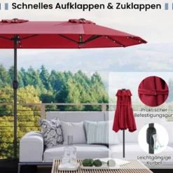Doppelsonnenschirm mit Ständer & LED-Leuchten & UPF 50+ Sonnenschirm Gartenschirm