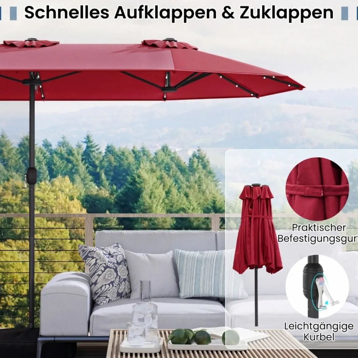 Doppelsonnenschirm mit Ständer & LED-Leuchten & UPF 50+ Sonnenschirm Gartenschirm