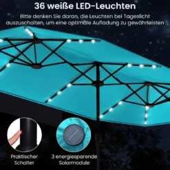 Doppelsonnenschirm mit Ständer & LED-Leuchten & UPF 50+ Sonnenschirm Gartenschirm