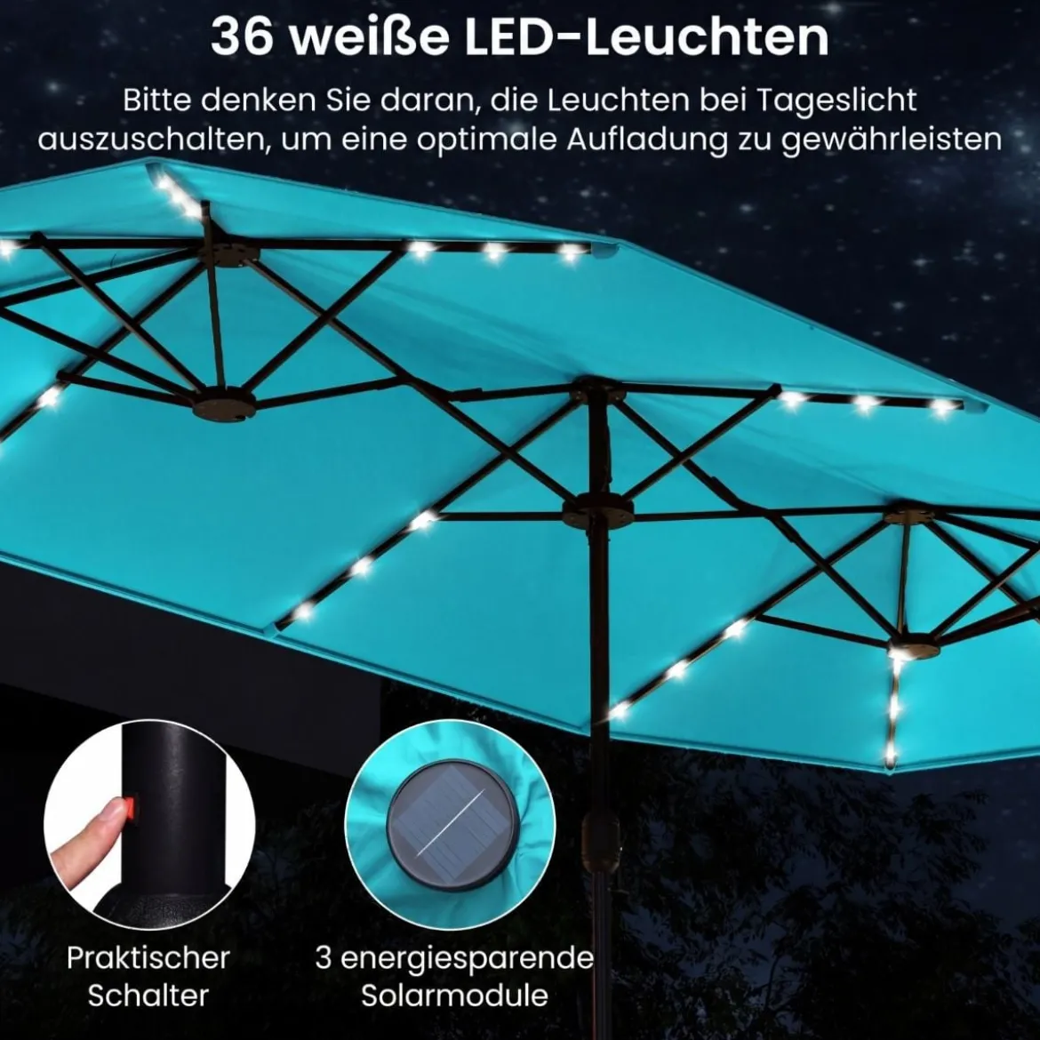 Doppelsonnenschirm mit Ständer & LED-Leuchten & UPF 50+ Sonnenschirm Gartenschirm