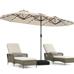 Doppelsonnenschirm mit Ständer & LED-Leuchten & UPF 50+ Sonnenschirm Gartenschirm