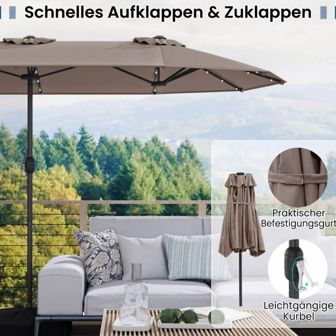 Doppelsonnenschirm mit Ständer & LED-Leuchten & UPF 50+ Sonnenschirm Gartenschirm