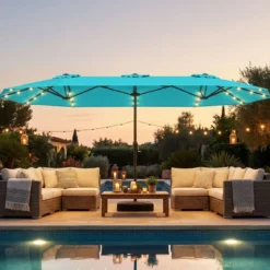 Doppelsonnenschirm mit Ständer & LED-Leuchten & UPF 50+ Sonnenschirm Gartenschirm