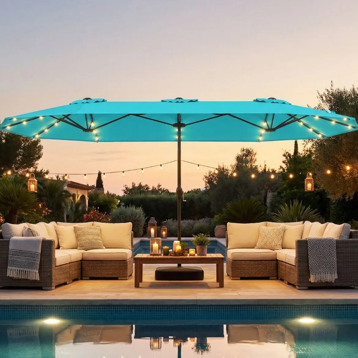 Doppelsonnenschirm mit Ständer & LED-Leuchten & UPF 50+ Sonnenschirm Gartenschirm
