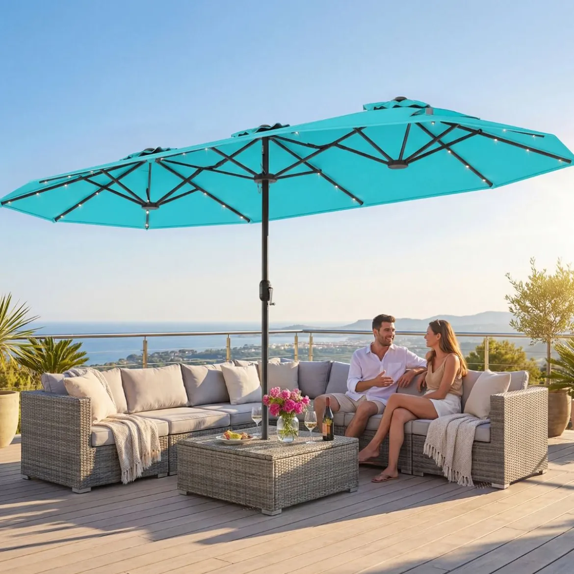 Doppelsonnenschirm mit Ständer & LED-Leuchten & UPF 50+ Sonnenschirm Gartenschirm