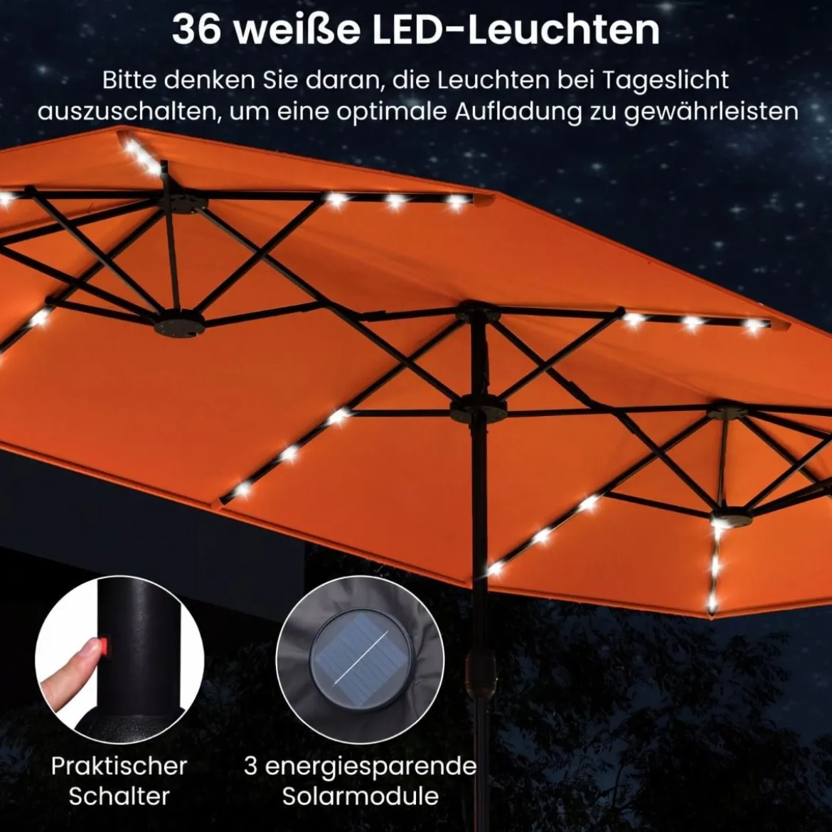 Doppelsonnenschirm mit Ständer & LED-Leuchten & UPF 50+ Sonnenschirm Gartenschirm