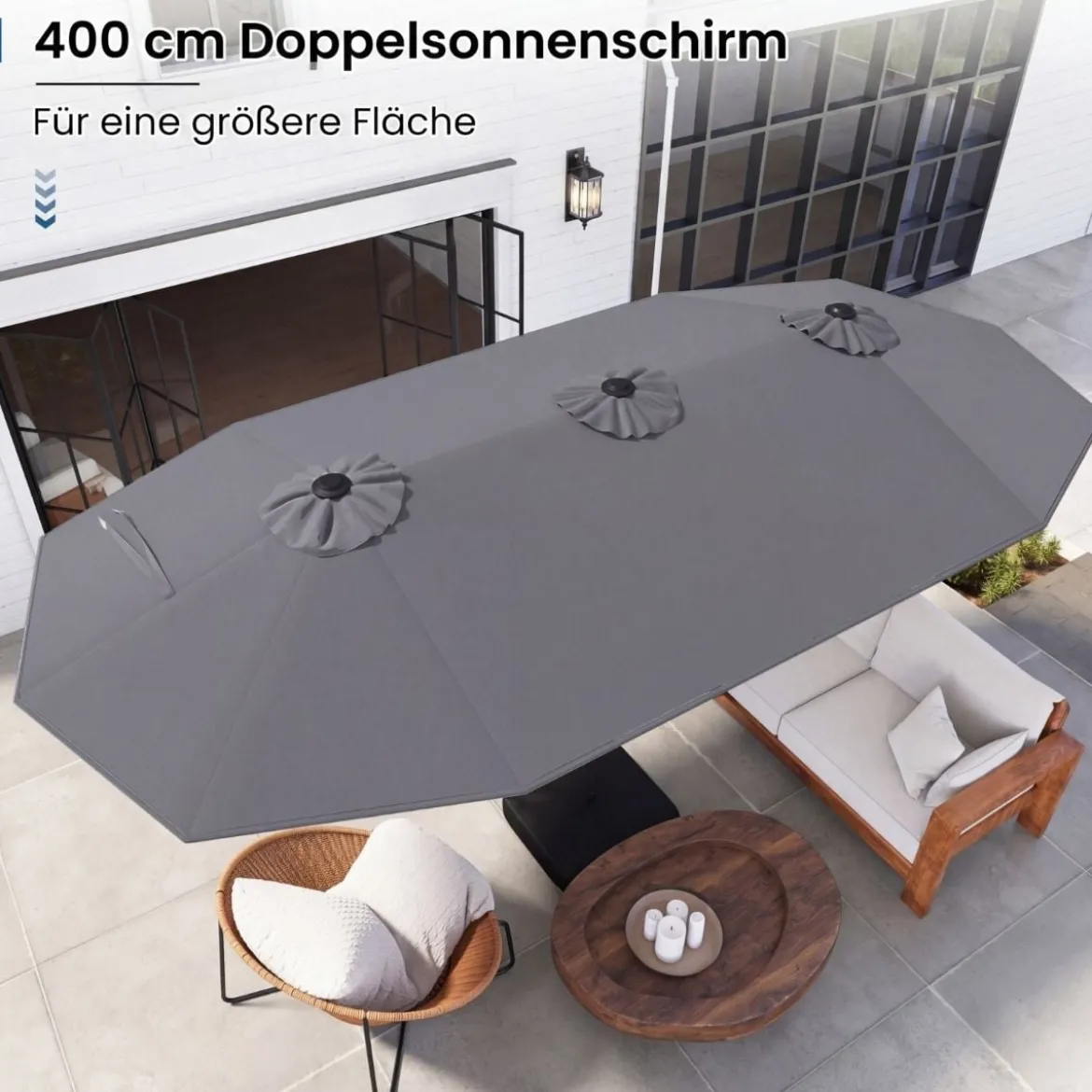 Doppelsonnenschirm mit Ständer & LED-Leuchten & UPF 50+ Sonnenschirm Gartenschirm