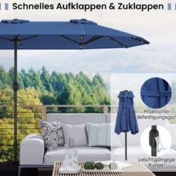 Doppelsonnenschirm mit Ständer & LED-Leuchten & UPF 50+ Sonnenschirm Gartenschirm