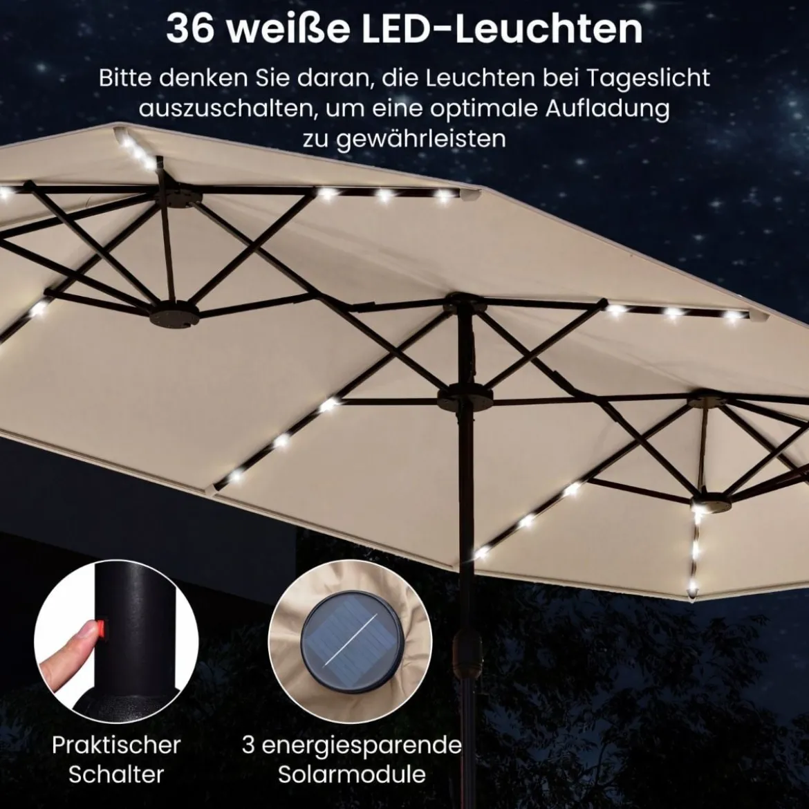 Doppelsonnenschirm mit Ständer & LED-Leuchten & UPF 50+ Sonnenschirm Gartenschirm