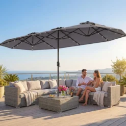 Doppelsonnenschirm mit Ständer & LED-Leuchten & UPF 50+ Sonnenschirm Gartenschirm