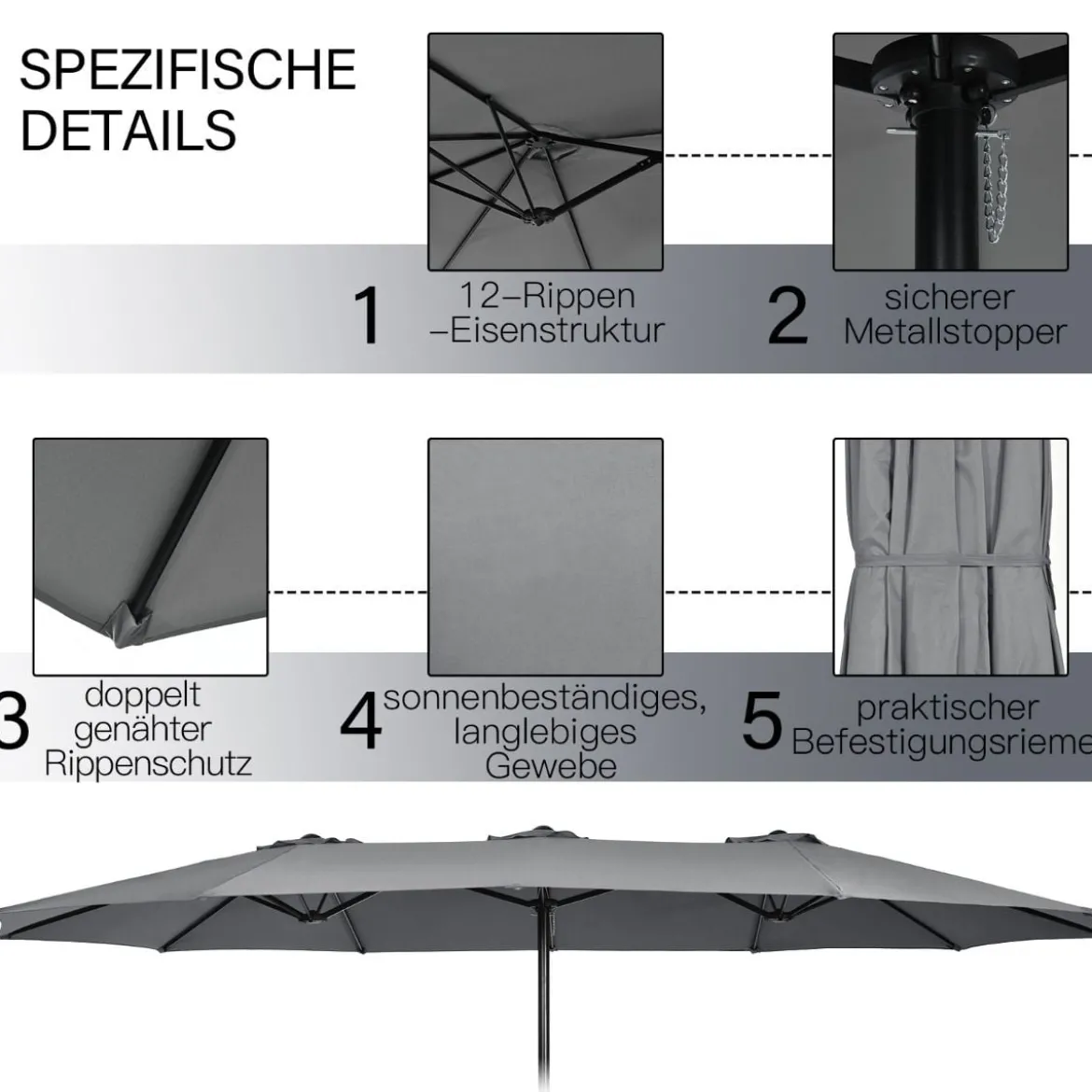 Doppelsonnenschirm mit Ständer & Kurbel & UPF 50+ Gartenschirm 451,5 x 264 cm Grau
