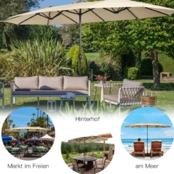 Doppelsonnenschirm mit Ständer & Kurbel & UPF 50+ Gartenschirm 451,5 x 264 cm Beige