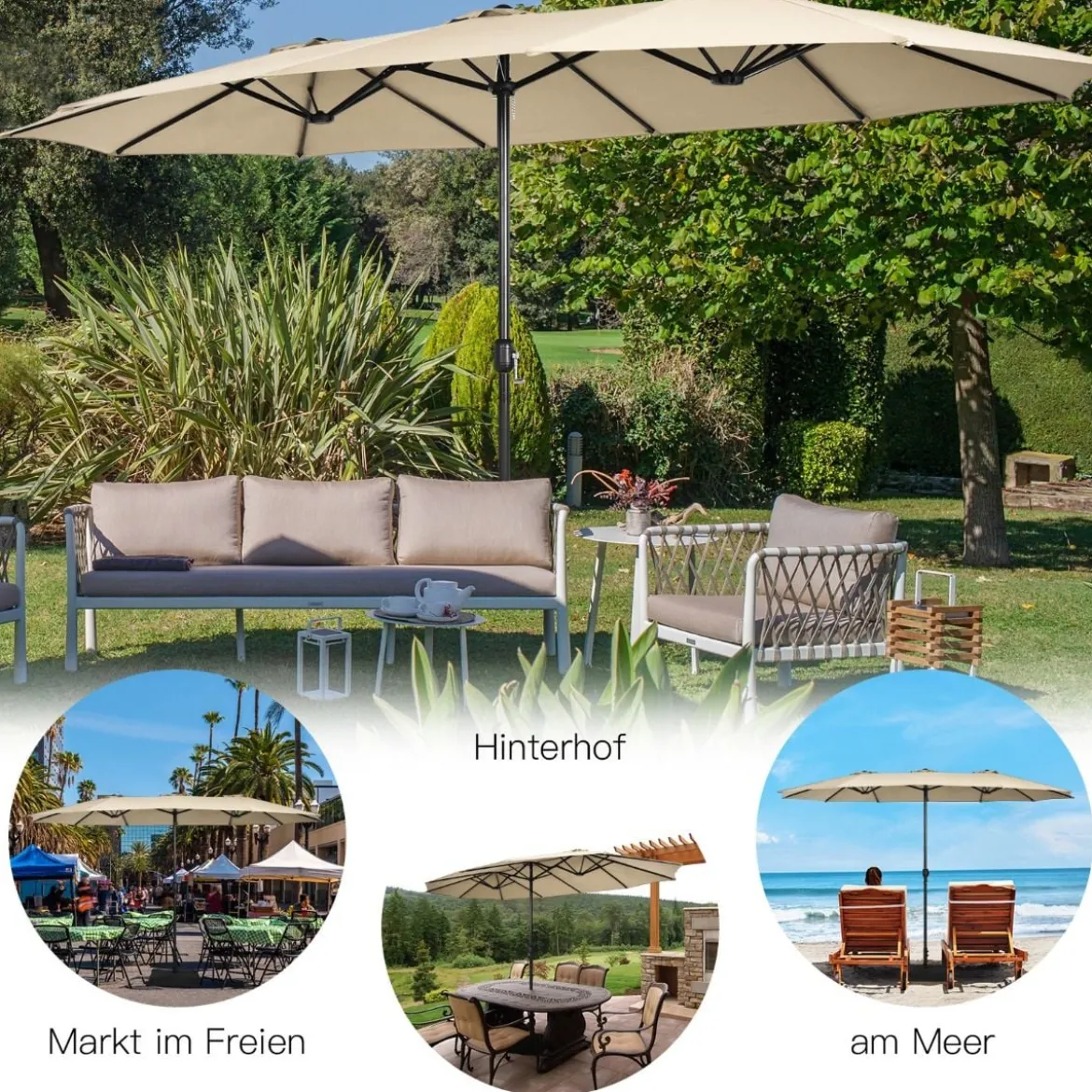 Doppelsonnenschirm mit Ständer & Kurbel & UPF 50+ Gartenschirm 451,5 x 264 cm Beige