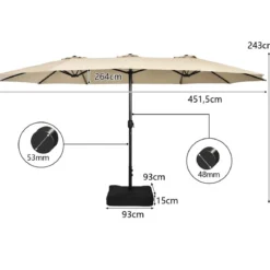Doppelsonnenschirm mit Ständer & Kurbel & UPF 50+ Gartenschirm 451,5 x 264 cm Beige