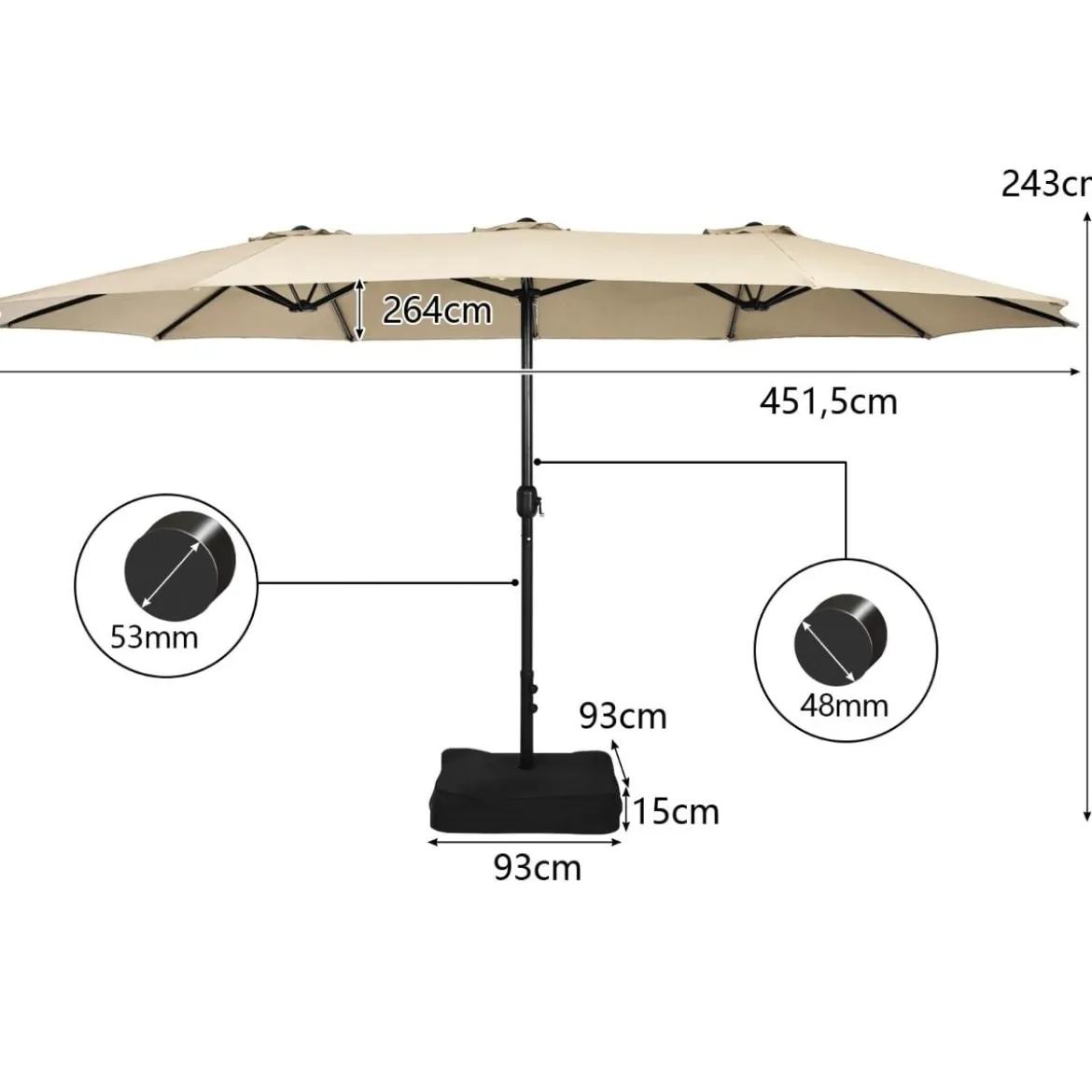 Doppelsonnenschirm mit Ständer & Kurbel & UPF 50+ Gartenschirm 451,5 x 264 cm Beige