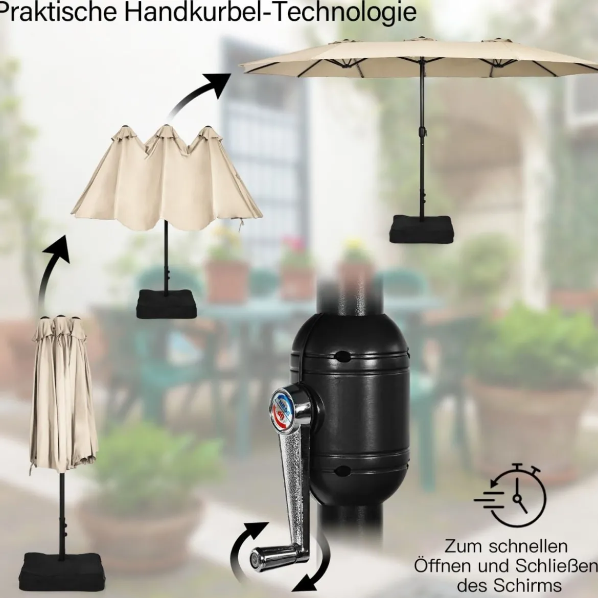 Doppelsonnenschirm mit Ständer & Kurbel & UPF 50+ Gartenschirm 451,5 x 264 cm Beige