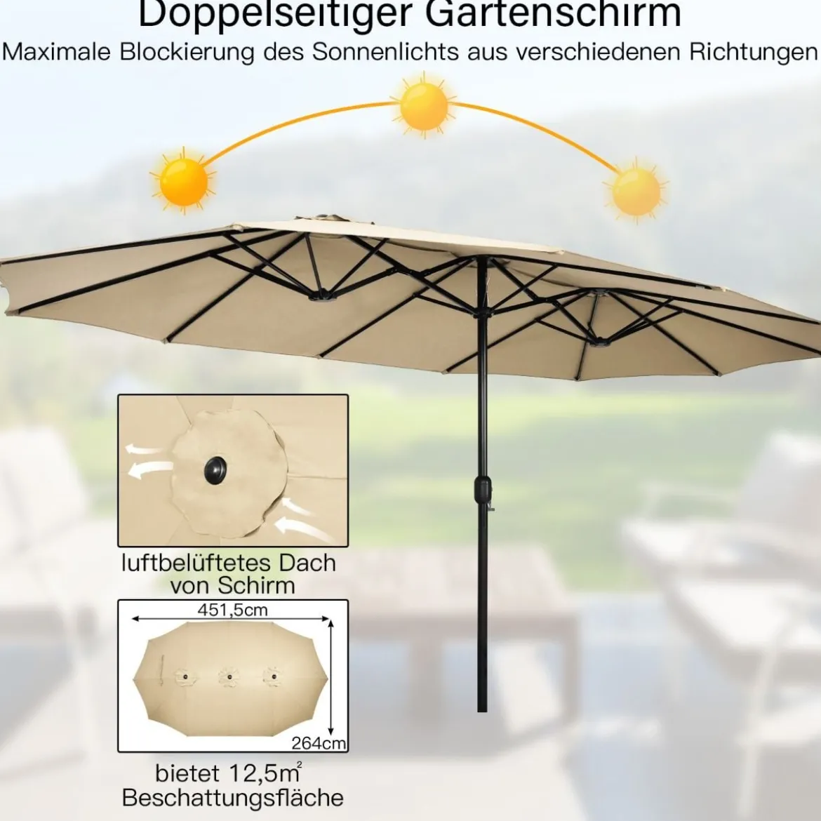 Doppelsonnenschirm mit Ständer & Kurbel & UPF 50+ Gartenschirm 451,5 x 264 cm Beige