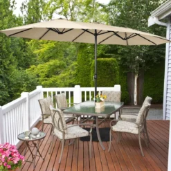 Doppelsonnenschirm mit Ständer & Kurbel & UPF 50+ Gartenschirm 451,5 x 264 cm Beige