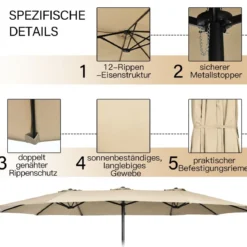 Doppelsonnenschirm mit Ständer & Kurbel & UPF 50+ Gartenschirm 451,5 x 264 cm Beige