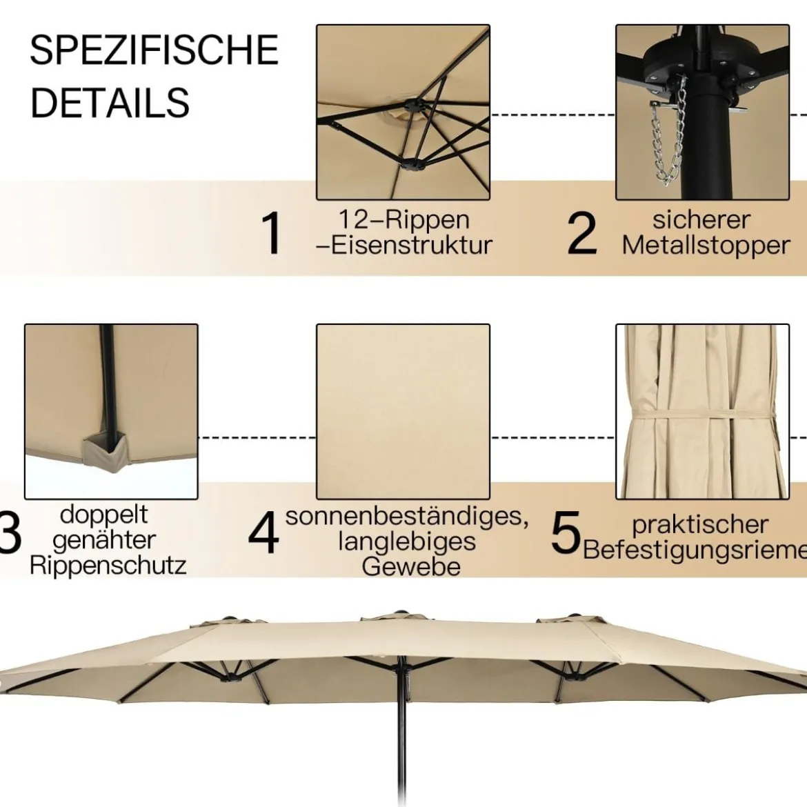 Doppelsonnenschirm mit Ständer & Kurbel & UPF 50+ Gartenschirm 451,5 x 264 cm Beige