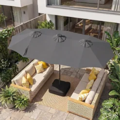 Doppelsonnenschirm 370 x 200 cm Sonnenschirm mit Kurbel & Ständer Terrassenschirm mit 108 LED-Lichtern Grau