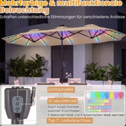 Doppelsonnenschirm 370 x 200 cm Sonnenschirm mit Kurbel & Ständer Terrassenschirm mit 108 LED-Lichtern Beige
