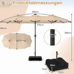 Doppelsonnenschirm 370 x 200 cm Sonnenschirm mit Kurbel & Ständer Terrassenschirm mit 108 LED-Lichtern Beige