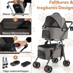 Doppelte Haustierwagen 3 in 1 faltbar Hundewagen mit 2 abnehmbaren Trägern Grau