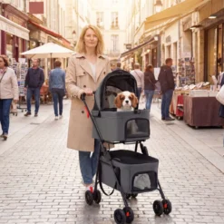 Doppelte Haustierwagen 3 in 1 faltbar Hundewagen mit 2 abnehmbaren Trägern Grau