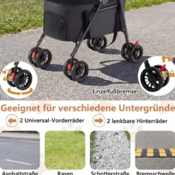 Doppelte Haustierwagen 3 in 1 faltbar Hundewagen mit 2 abnehmbaren Trägern Schwarz
