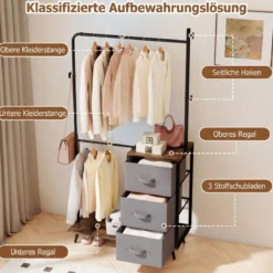 Doppelte Kleiderstange mit 2 Ablagefächern & 3 Seitenhaken & 3 Stoffschubladen Kleiderständer
