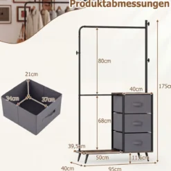 Doppelte Kleiderstange mit 2 Ablagefächern & 3 Seitenhaken & 3 Stoffschubladen Kleiderständer