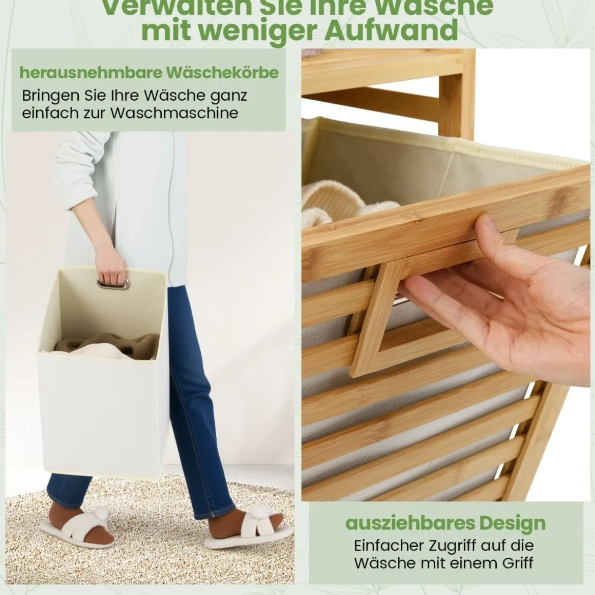 Doppelt Wäschekorb schwenkbar 75L Bambus Wäschesammler mit 2 Abnehmbaren Behältern Natur