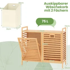 Doppelt Wäschekorb schwenkbar 75L Bambus Wäschesammler mit 2 Abnehmbaren Behältern Natur