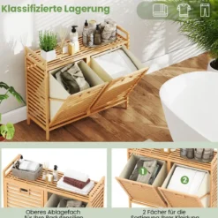 Doppelt Wäschekorb schwenkbar 75L Bambus Wäschesammler mit 2 Abnehmbaren Behältern Natur