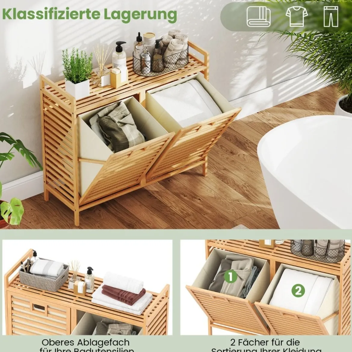 Doppelt Wäschekorb schwenkbar 75L Bambus Wäschesammler mit 2 Abnehmbaren Behältern Natur