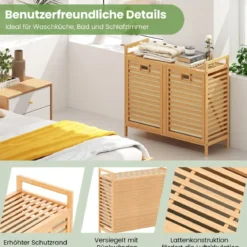 Doppelt Wäschekorb schwenkbar 75L Bambus Wäschesammler mit 2 Abnehmbaren Behältern Natur