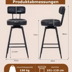 Drehbare Barhocker Set mit 2 Stück moderne Barhöhe Stühle mit gepolsterter Rückenlehne Schwarz