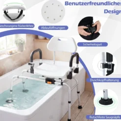 Drehbarer Duschhocker gleitbare Duschbank mit Griffen Sicherheitsgurt Weiß