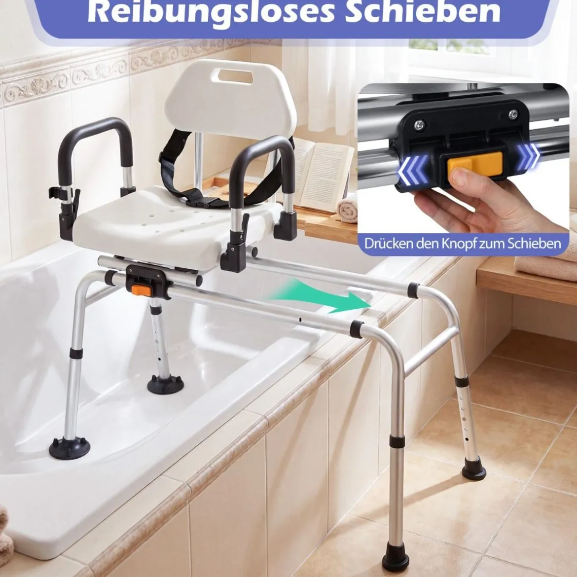 Drehbarer Duschhocker gleitbare Duschbank mit Griffen Sicherheitsgurt Weiß