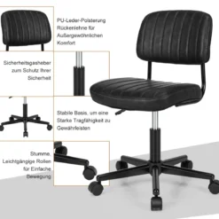 Drehbarer Home Office Stuhl aus Kunstleder ohne Armlehnen auf Rädern Schwarz
