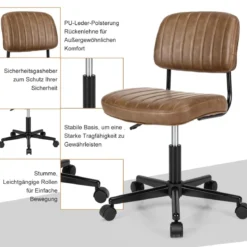 Drehbarer Home Office Stuhl aus Kunstleder ohne Armlehnen auf Rädern Braun