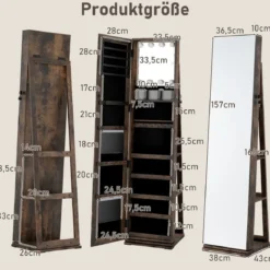 360° Drehbarer Schmuckschrank Freistehender Schmuckorganizer mit Ganzkörperspiegel & Rückregalen Rustikal Braun